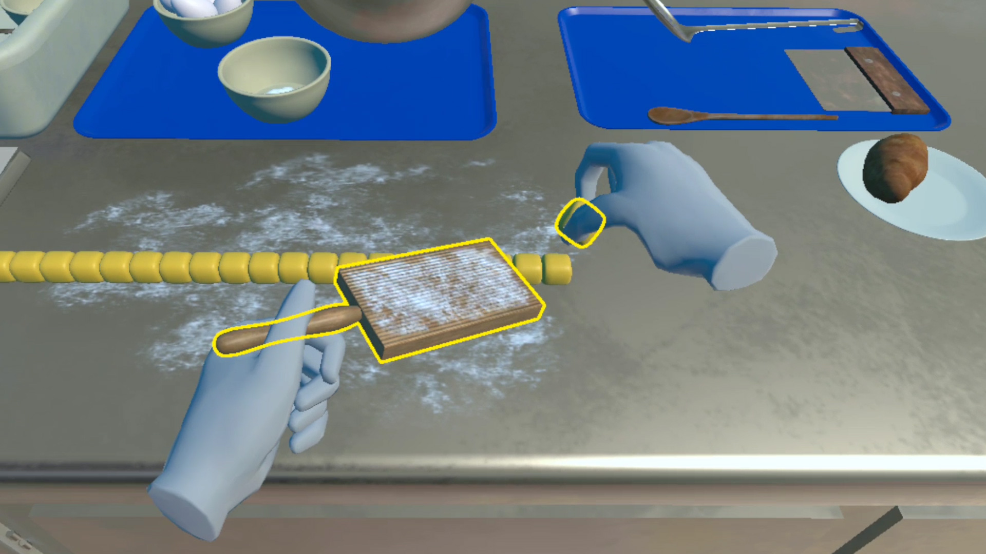 VR culinary training simulation showing a learner using virtual hands and a grater to prepare ingredients in an immersive professional kitchen environment.
