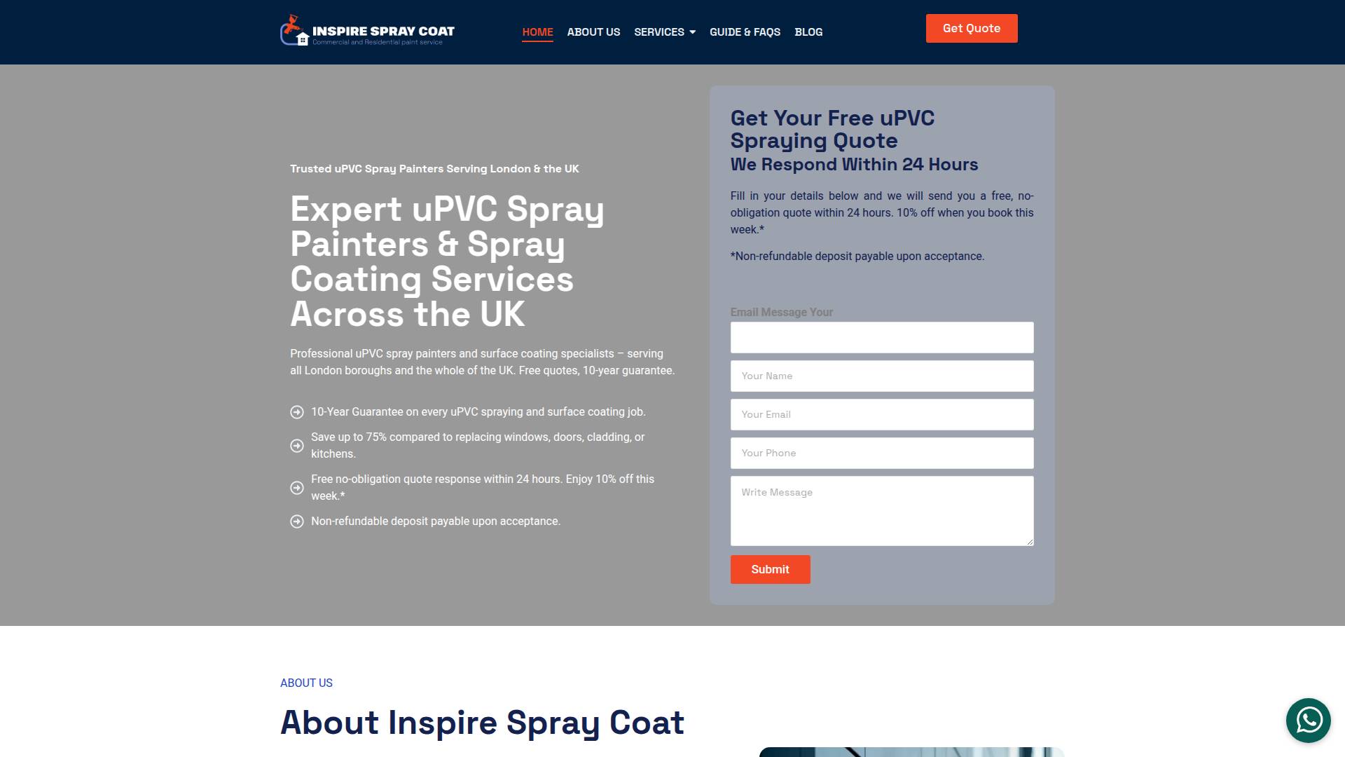 Inspire Spray Coat Website Home Page
