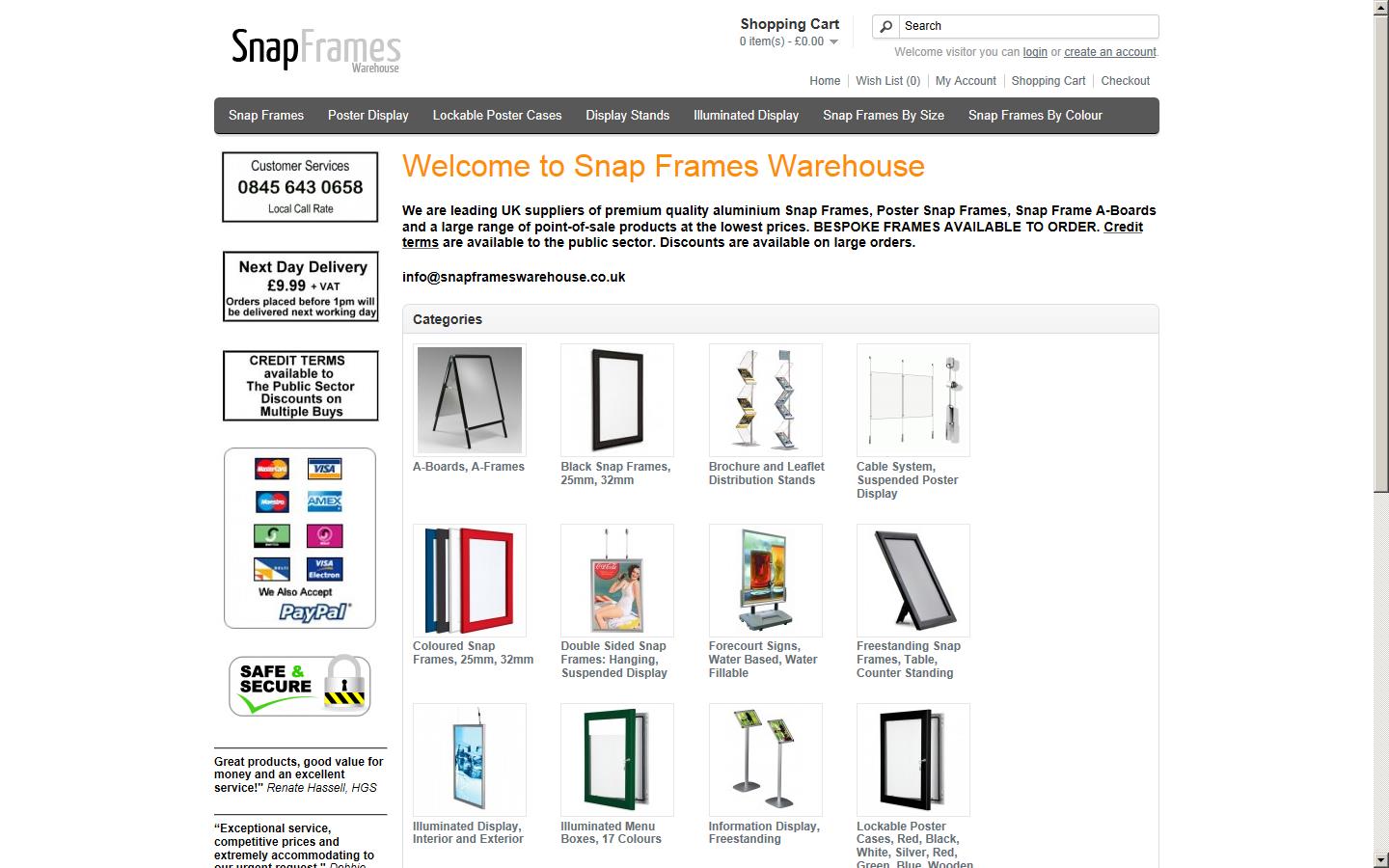 Snap Frames Warehouse Website