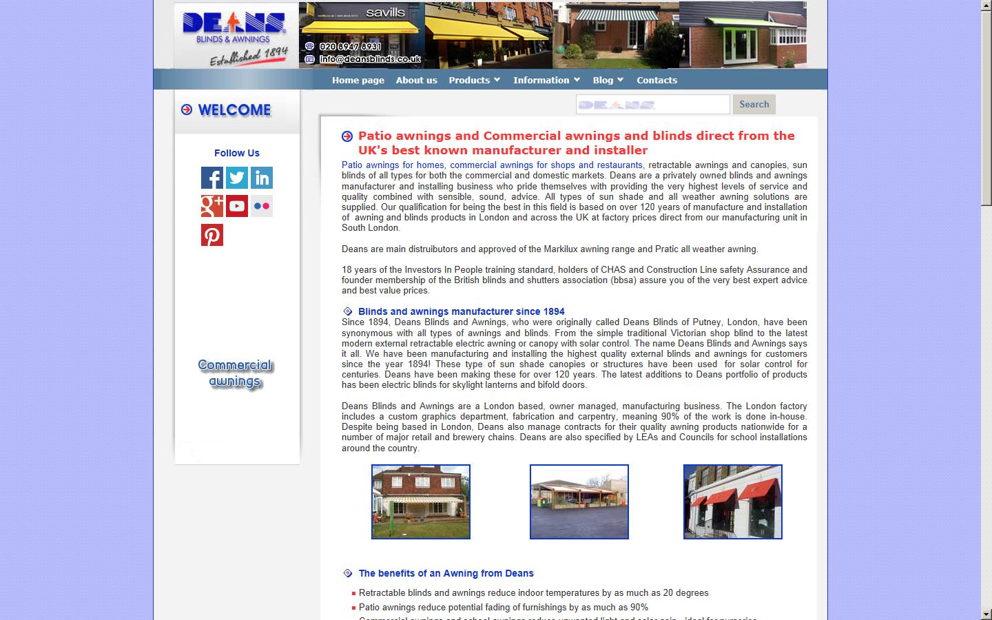 Deans Blinds and Awnings UK LTD Website