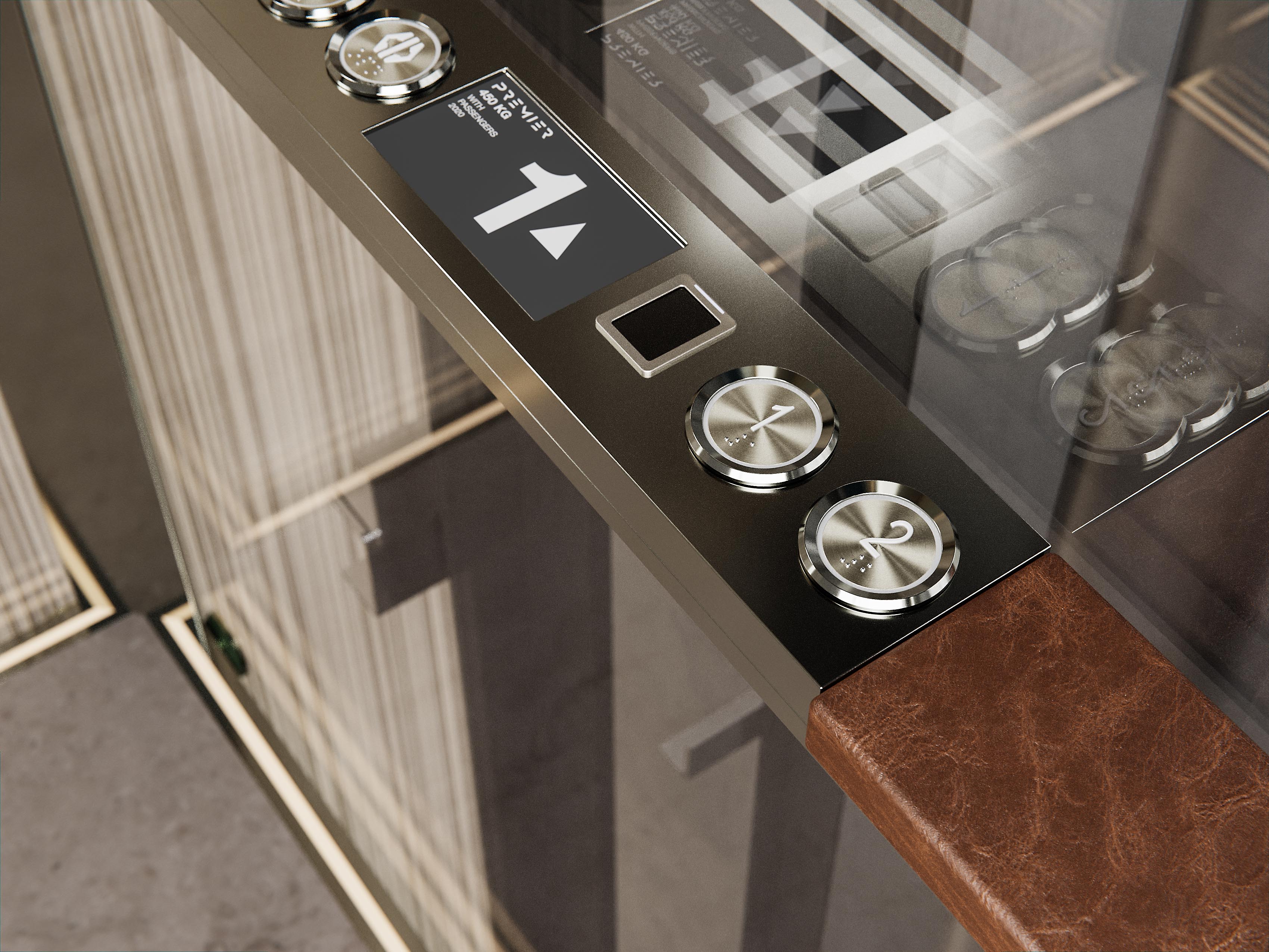Close‑up view of a lift control panel featuring metallic buttons, a digital floor display showing level 1, and a leather‑trimmed handrail beside reflective glass panels.