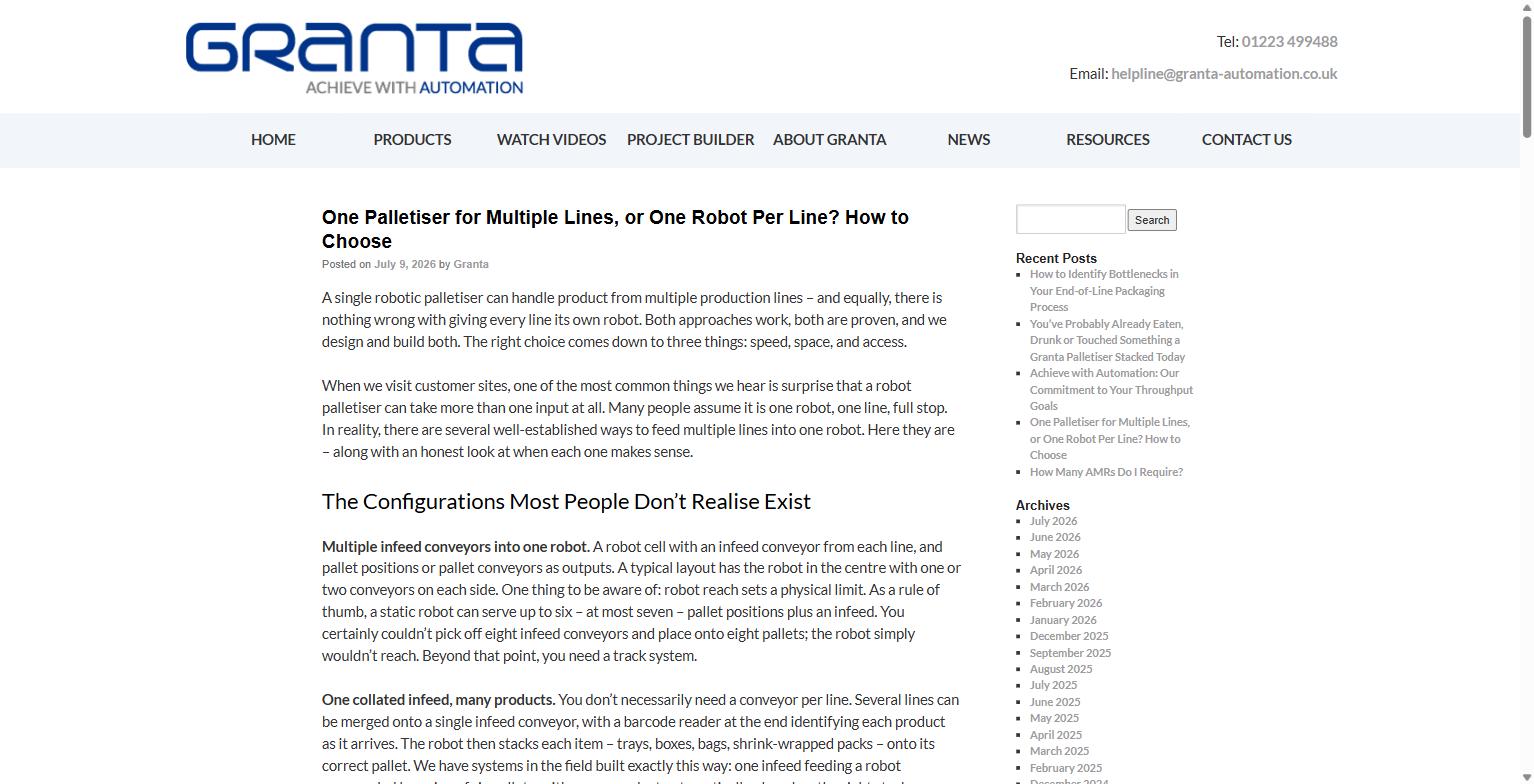 Granta Automation article on palletiser line configurations