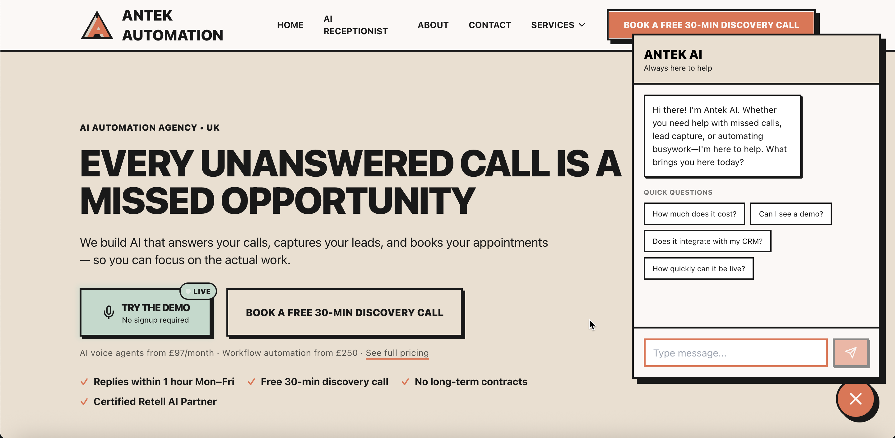 Antek Automation website homepage with AI chatbot open