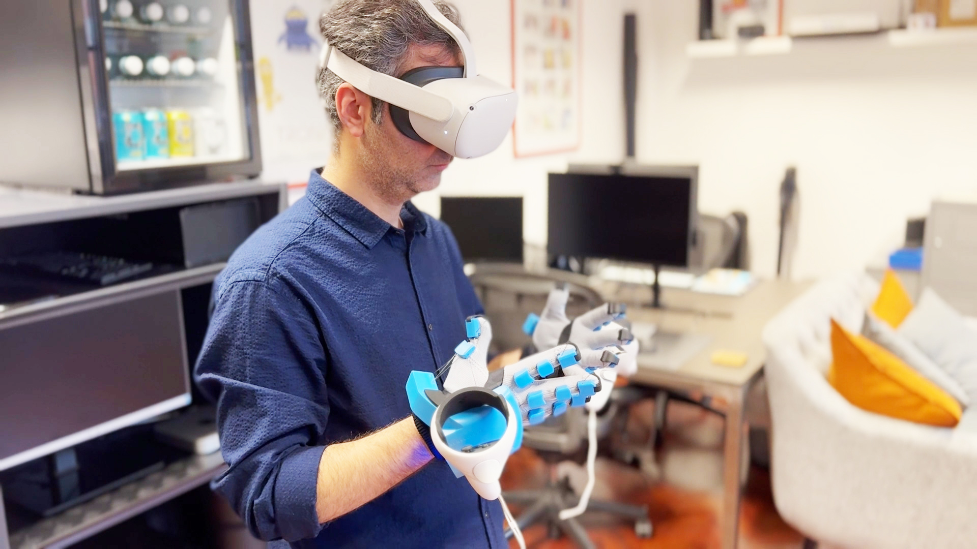 Immersive learning experience using a VR headset and haptic gloves for realistic hand interaction and virtual reality training.
