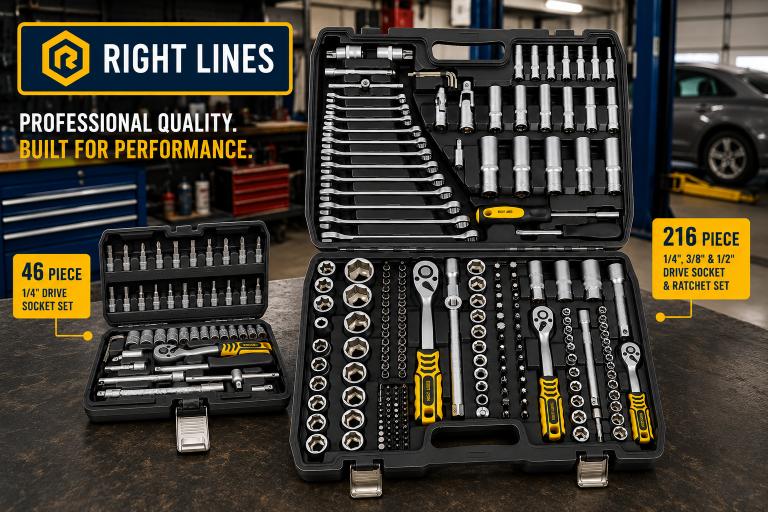 Right Lines 46-piece and 216-piece socket sets on a garage workbench.