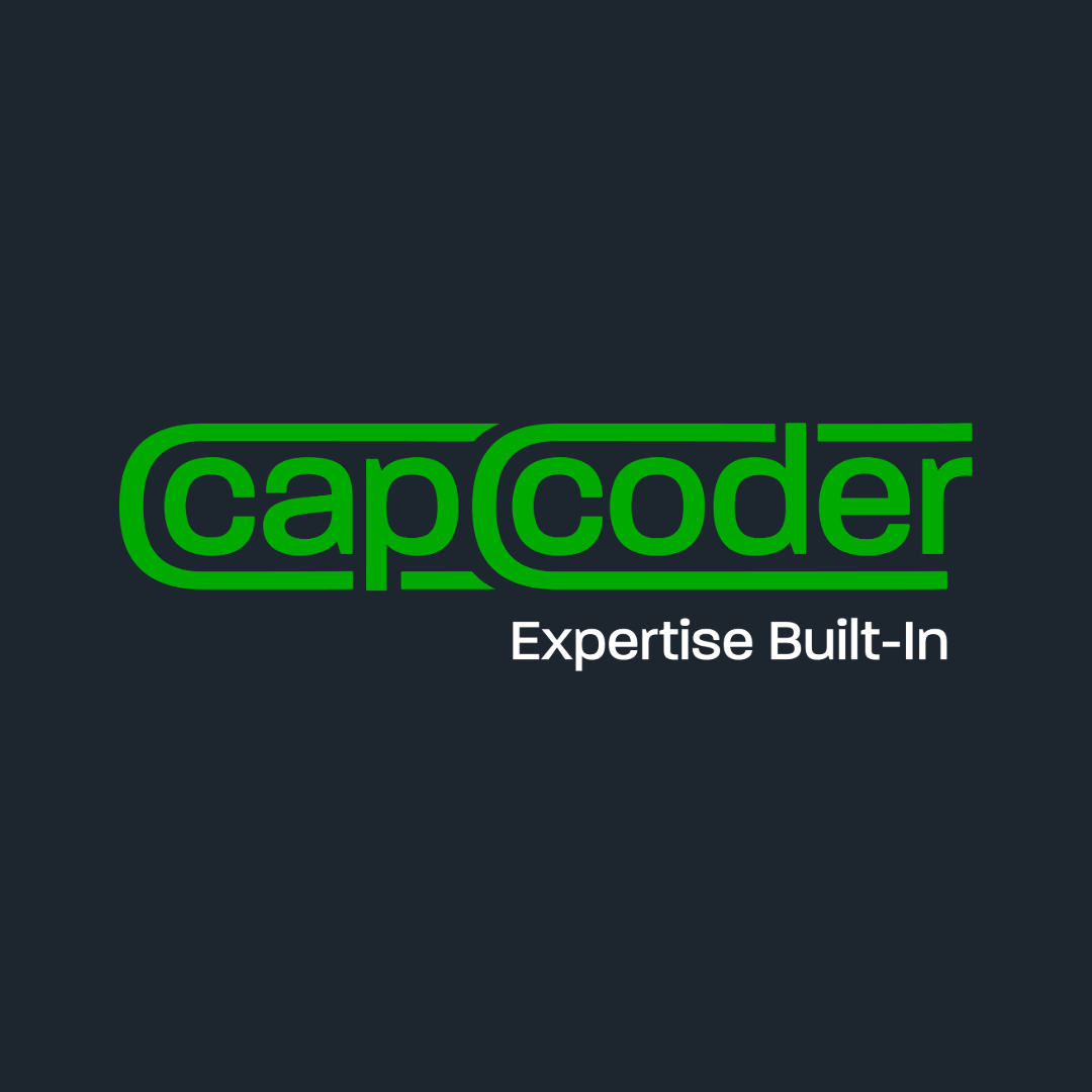 Cap Coder Expertise Built-In Main Logo in Green on Dark Blue Background
