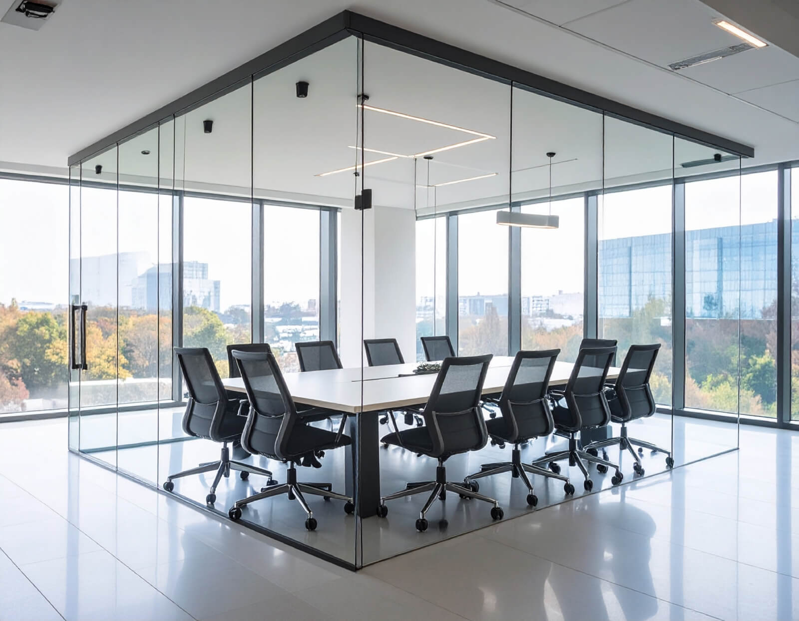Meeting space with designer table, chairs and switchable glass partitions