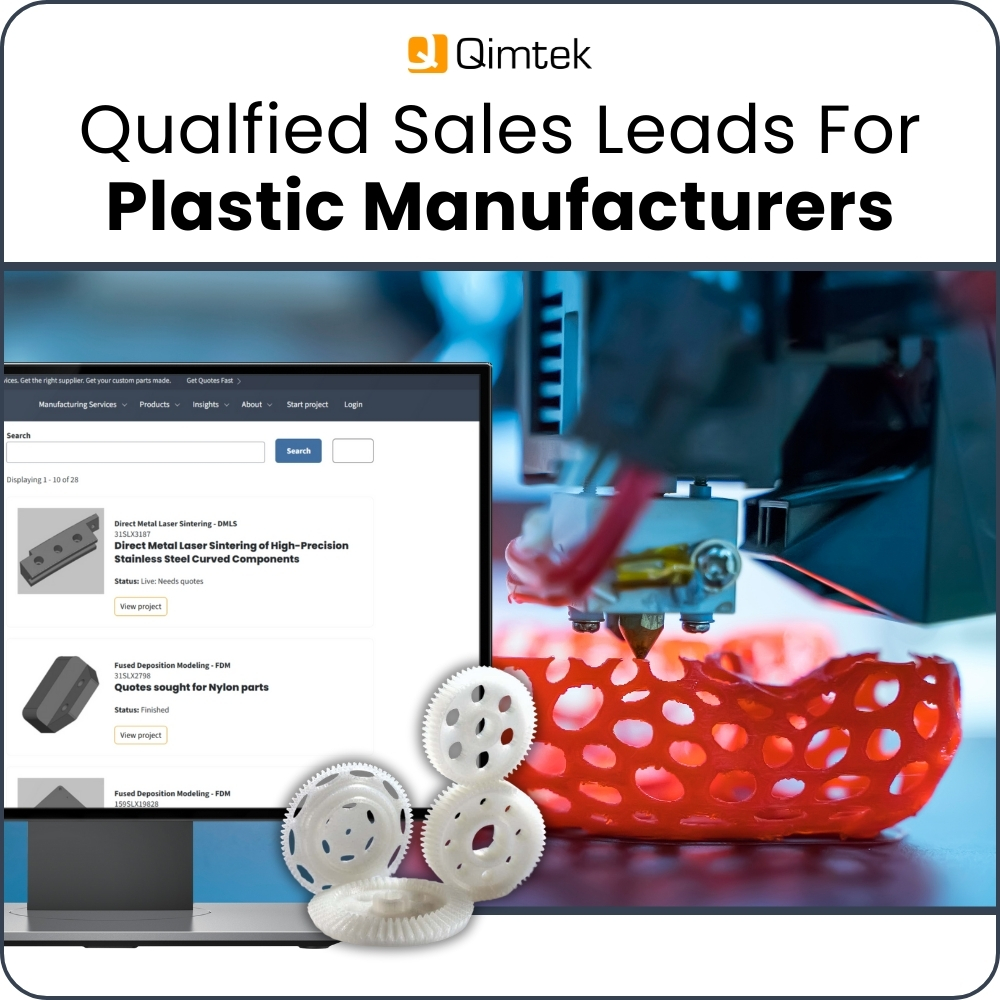 Qimtek platform displaying live plastic manufacturing RFQs alongside a 3D printer producing plastic components, promoting qualified sales leads for plastic manufacturers.