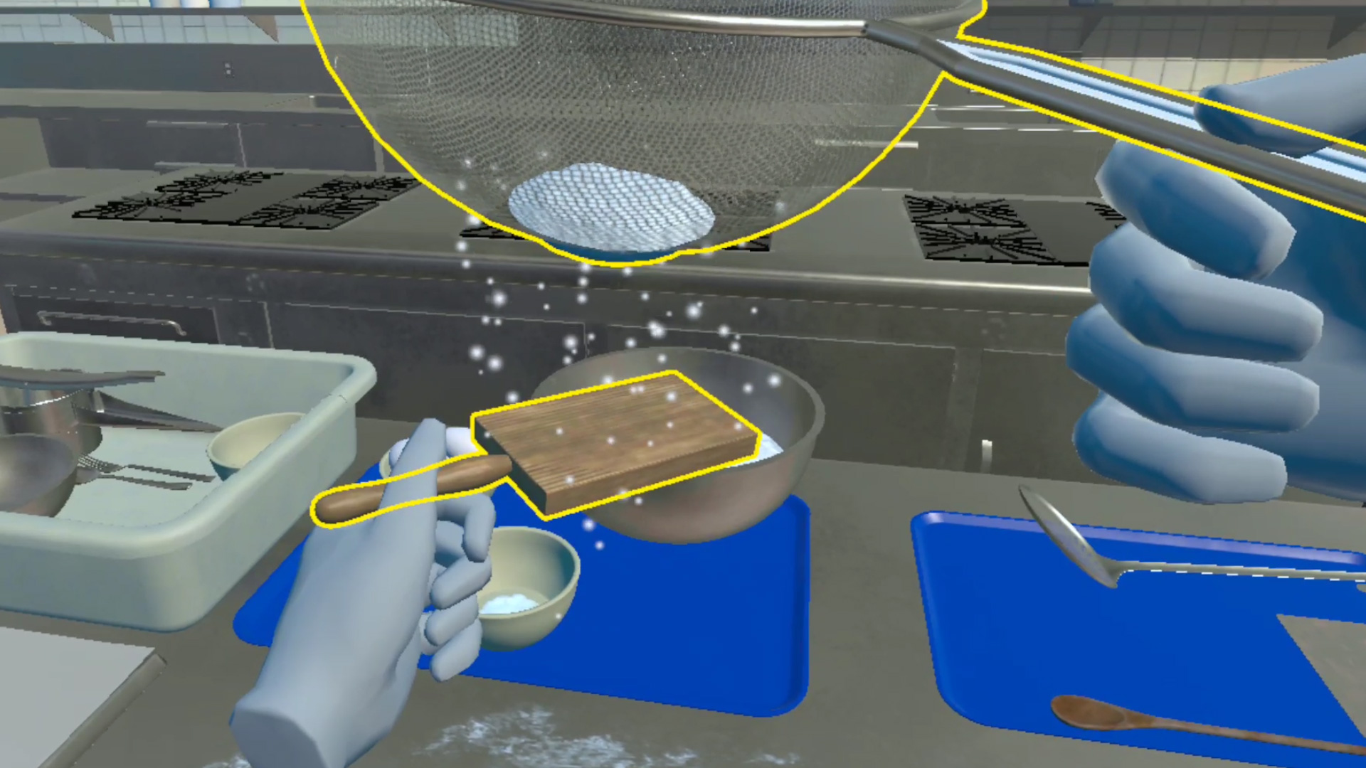 VR culinary training simulation showing a learner sifting ingredients into a mixing bowl using virtual hands and interactive kitchen equipment.