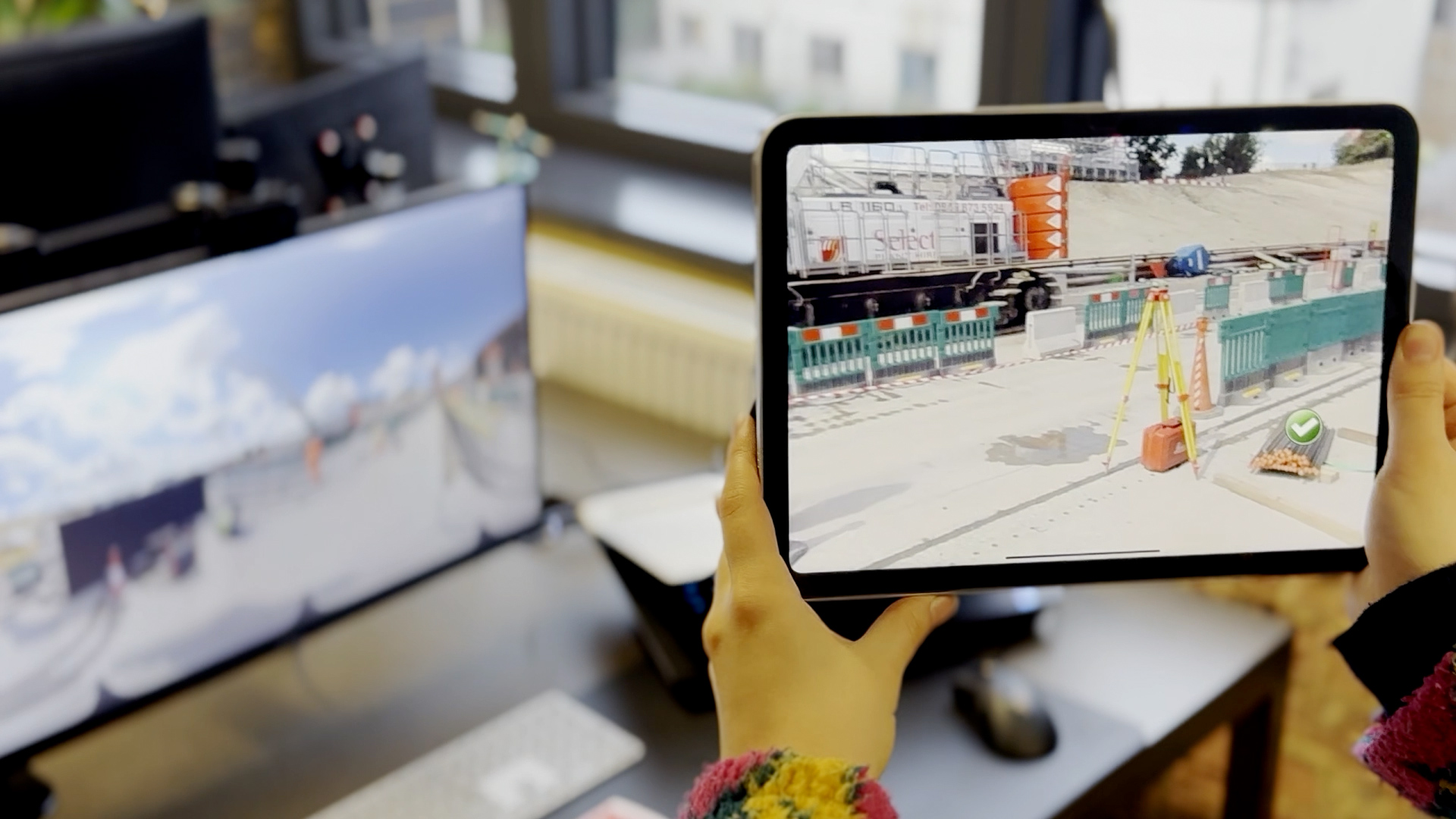Immersive construction hazard awareness training on an iPad, using an interactive 360-degree construction site to identify workplace safety risks.