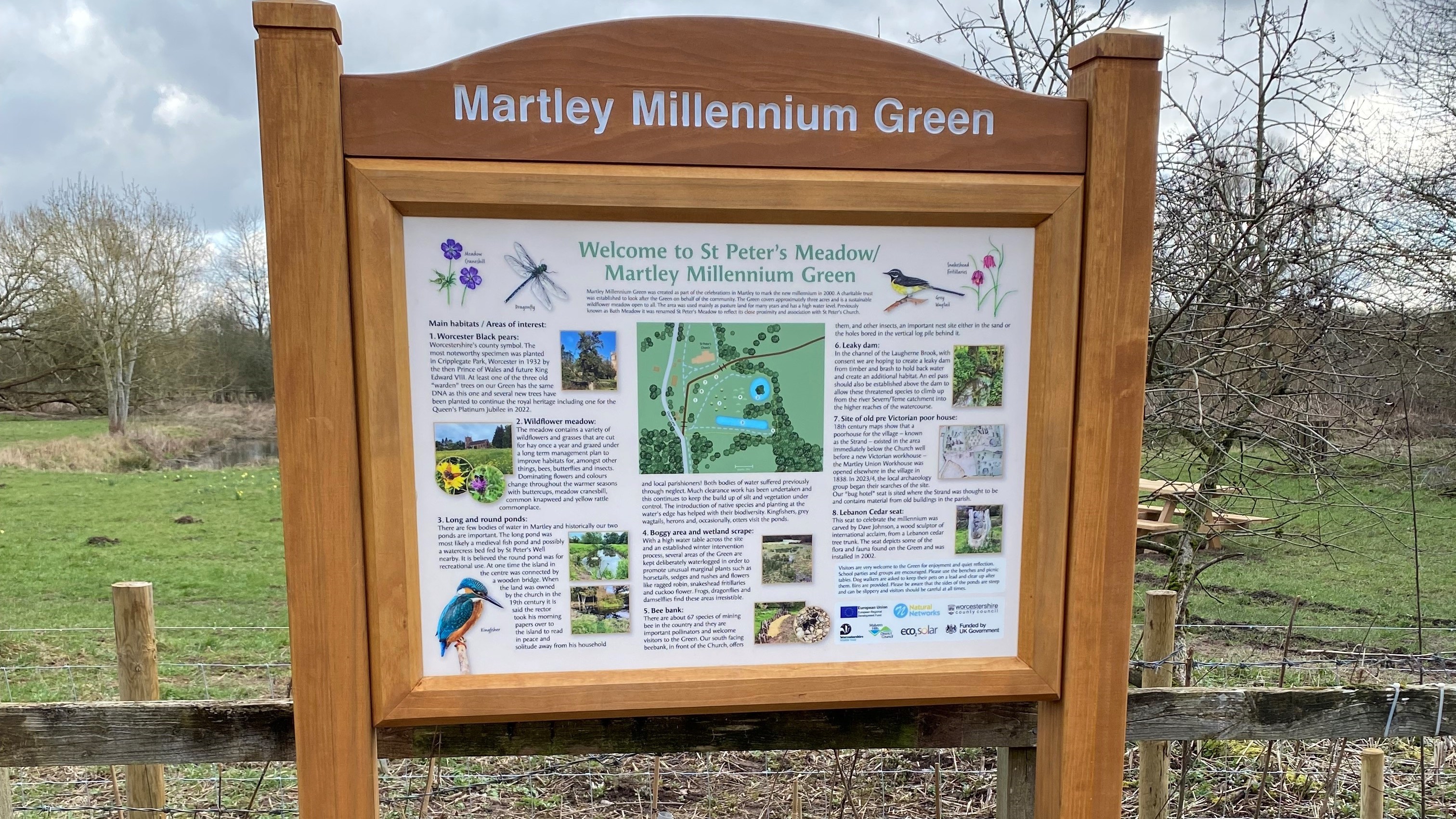 A natural history interpretation panel with map and wildlife illustrations.  In a vertical Oak & Accoya frame with routed Oak header panel