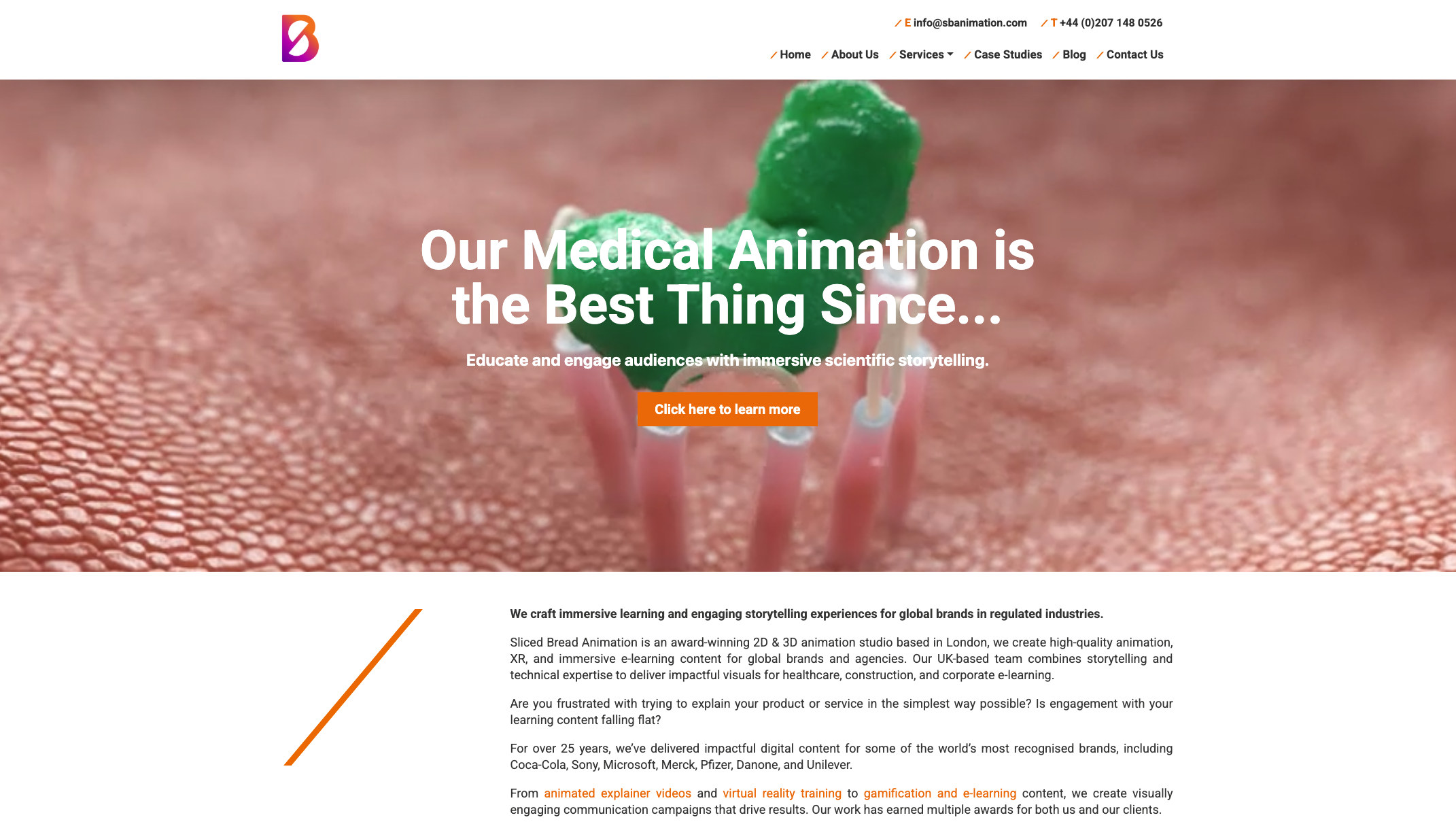 Sliced Bread Animation website homepage showcasing medical animation, immersive learning, XR and e-learning services for healthcare and regulated industries.