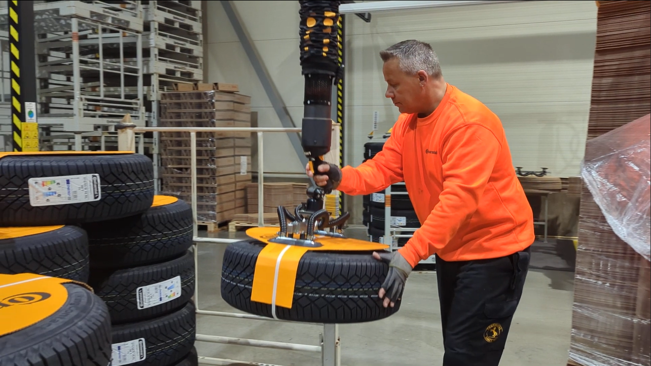Automotive Company Continental Tyres using TAWI's High Frequency Vacuum Lifter lifting tyres