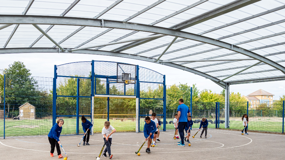 A&S Landscape sports canopies creating all-weather school spaces for PE, play and outdoor activity.
