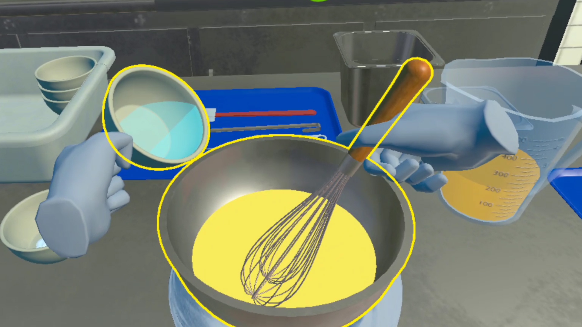 VR culinary training simulation showing a learner whisking ingredients in a virtual kitchen, using immersive learning to practise practical cooking skills.