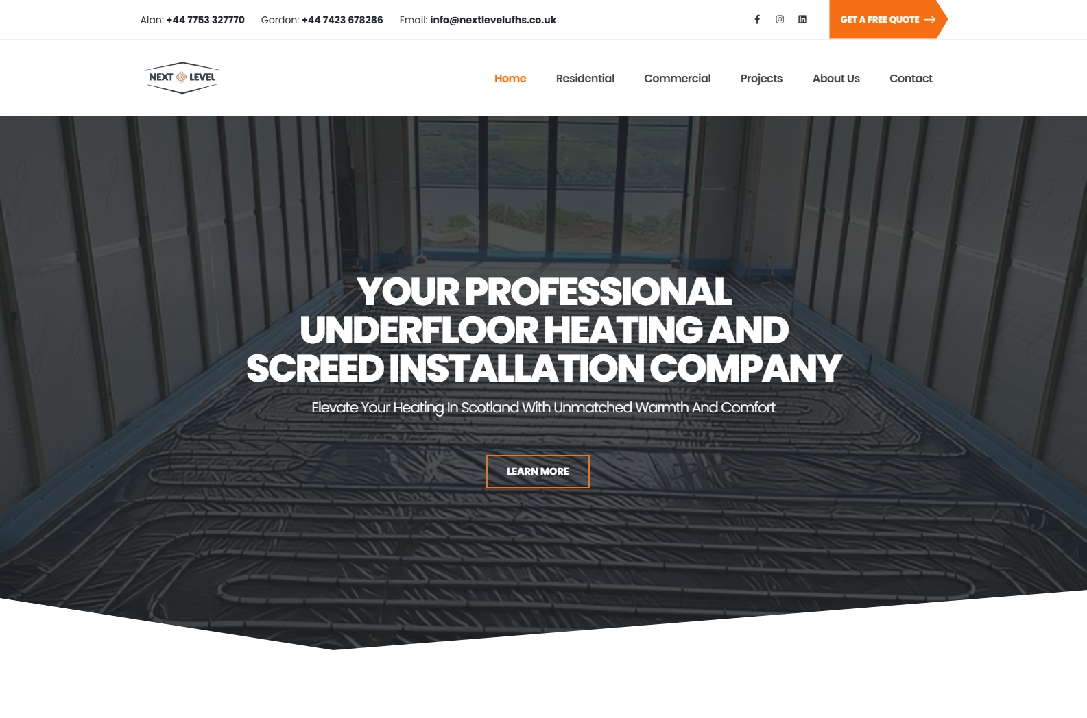 Next Level Underfloor Heating and Screed Solutions website screenshot