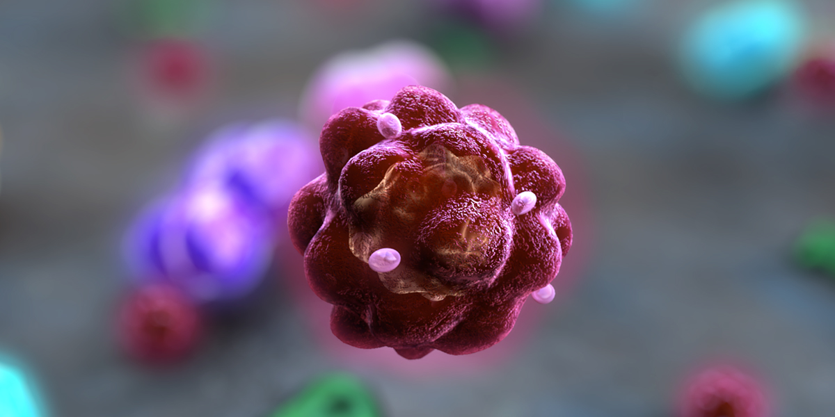 3D medical animation showing a detailed biological cell surrounded by colourful microscopic cells and particles.