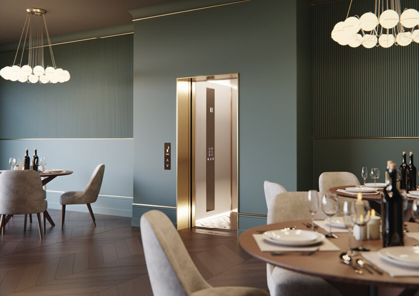 Elegant restaurant interior with round dining tables and upholstered chairs, featuring a gold‑framed passenger lift with open doors set into a teal‑coloured wall.