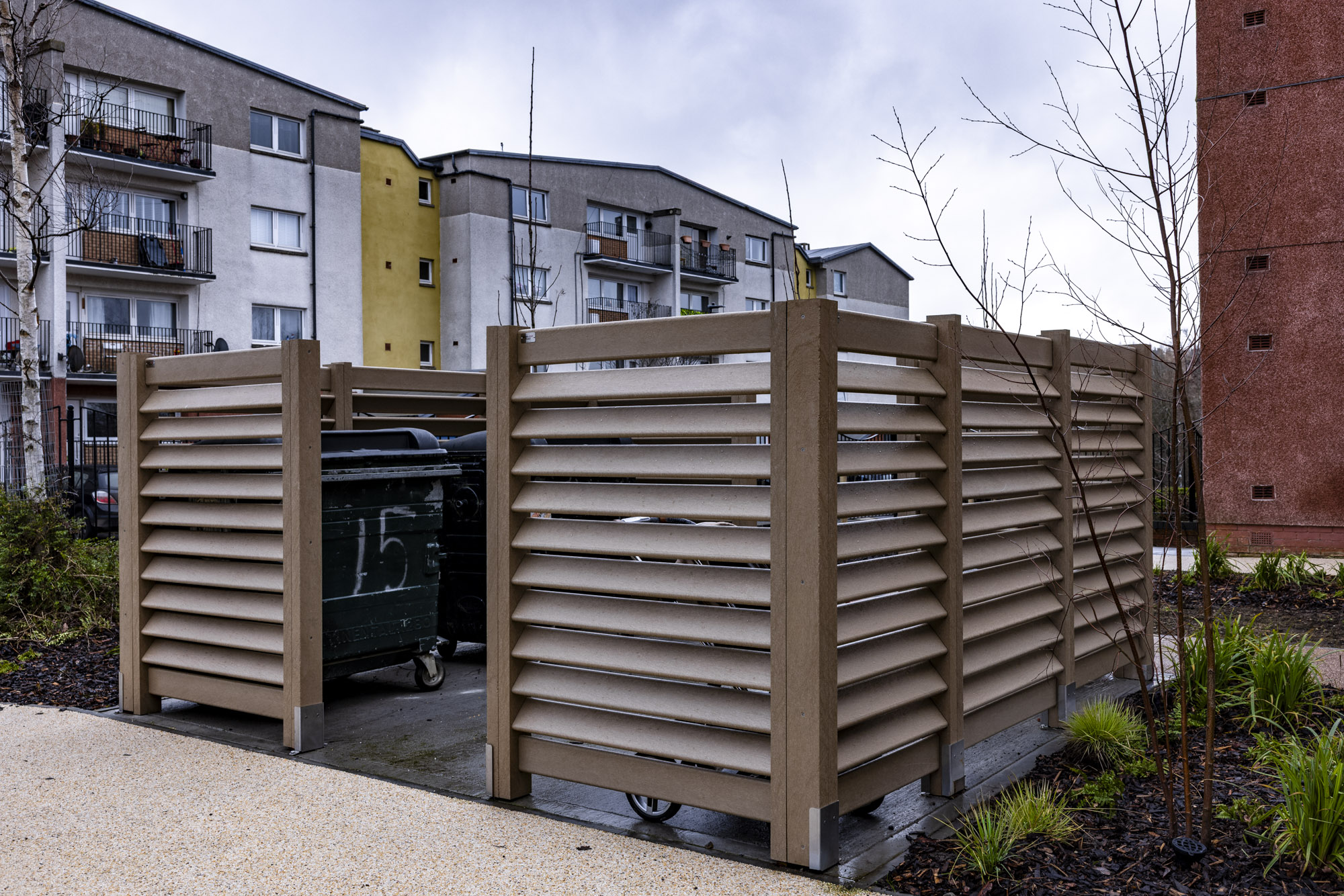 Normandy Bin Bays manufactured from recycled plastic; encouraging recycling and keeping communal bin bay areas tidy.  A win-win for Edinburgh City Council.