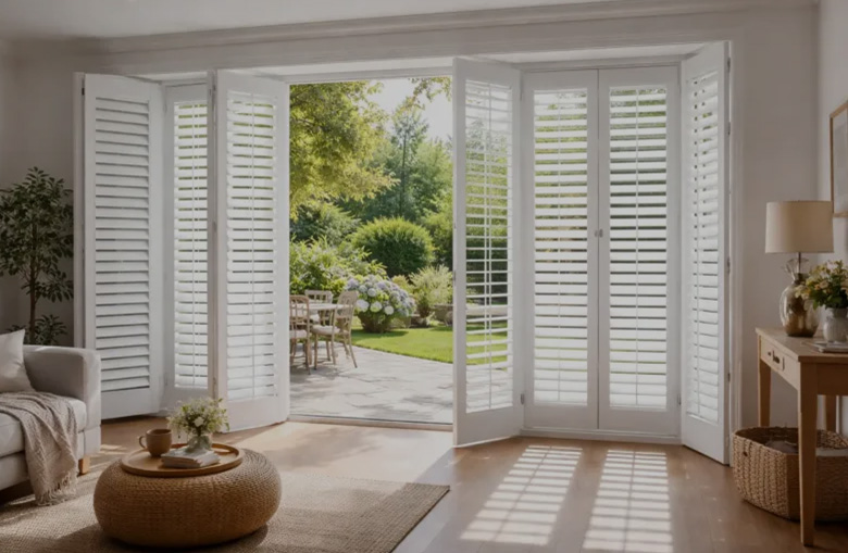 White plantation shutters on french doors