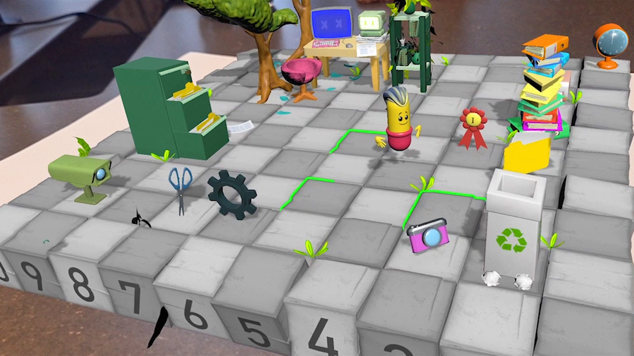 Augmented reality gamification experience showing an interactive 3D office game with characters, objects and rewards for engaging workplace learning.