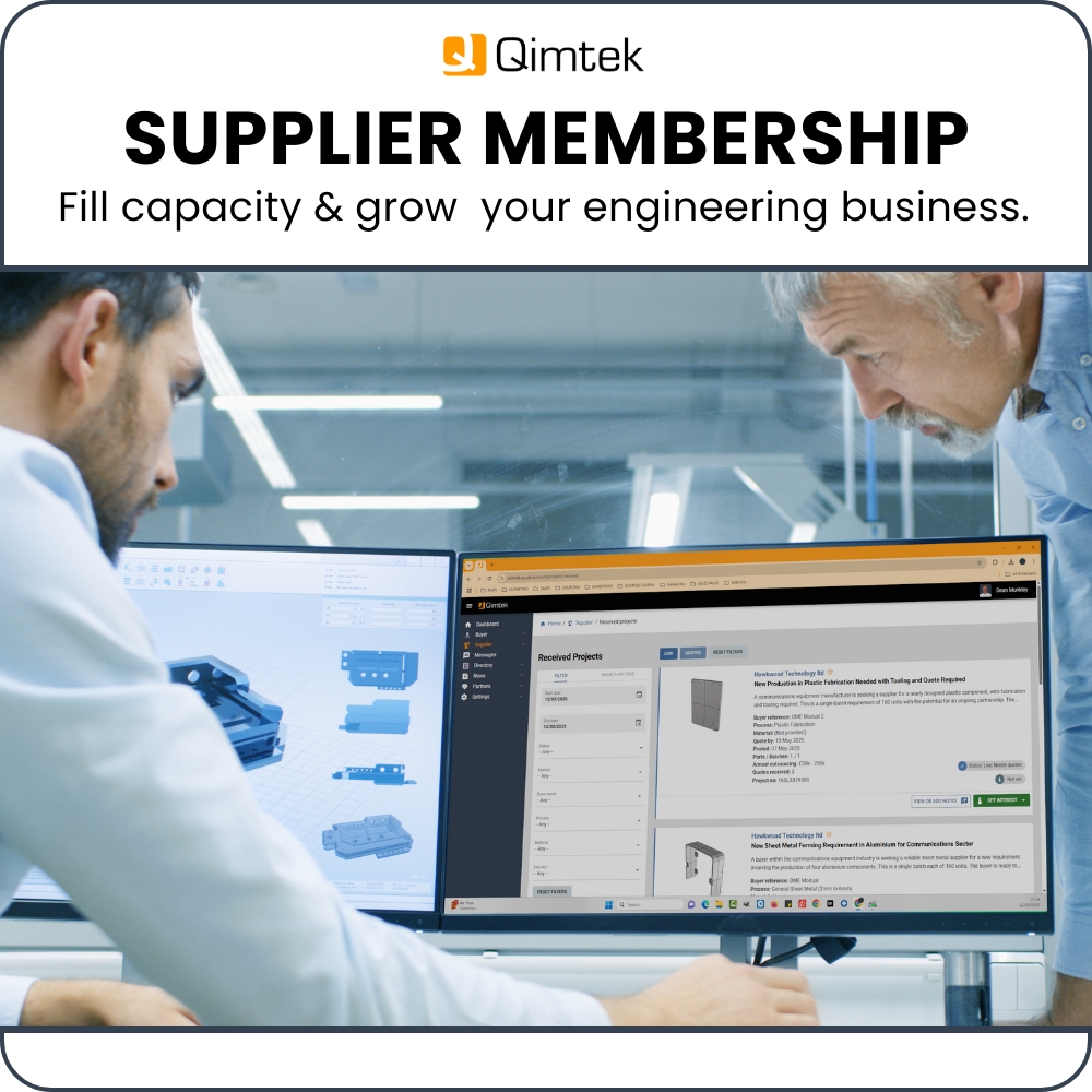 Qimtek supplier membership platform showing live manufacturing RFQs as engineers review CAD models on dual screens, highlighting capacity-filling opportunities for suppliers.