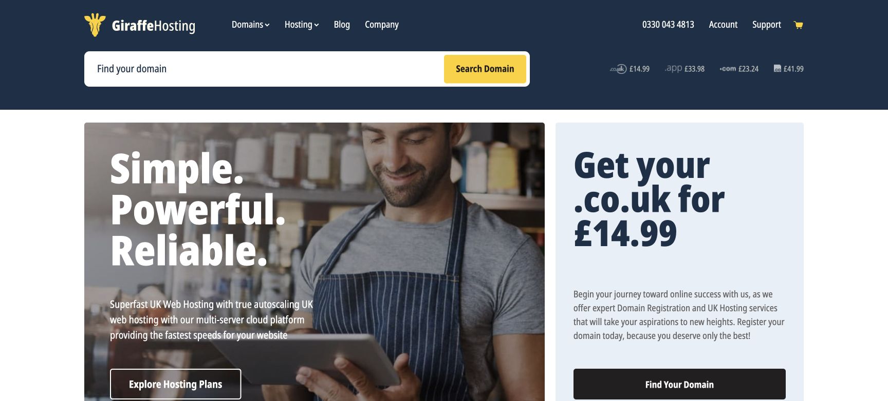 Giraffe Hosting website, showing UK web hosting and domain services