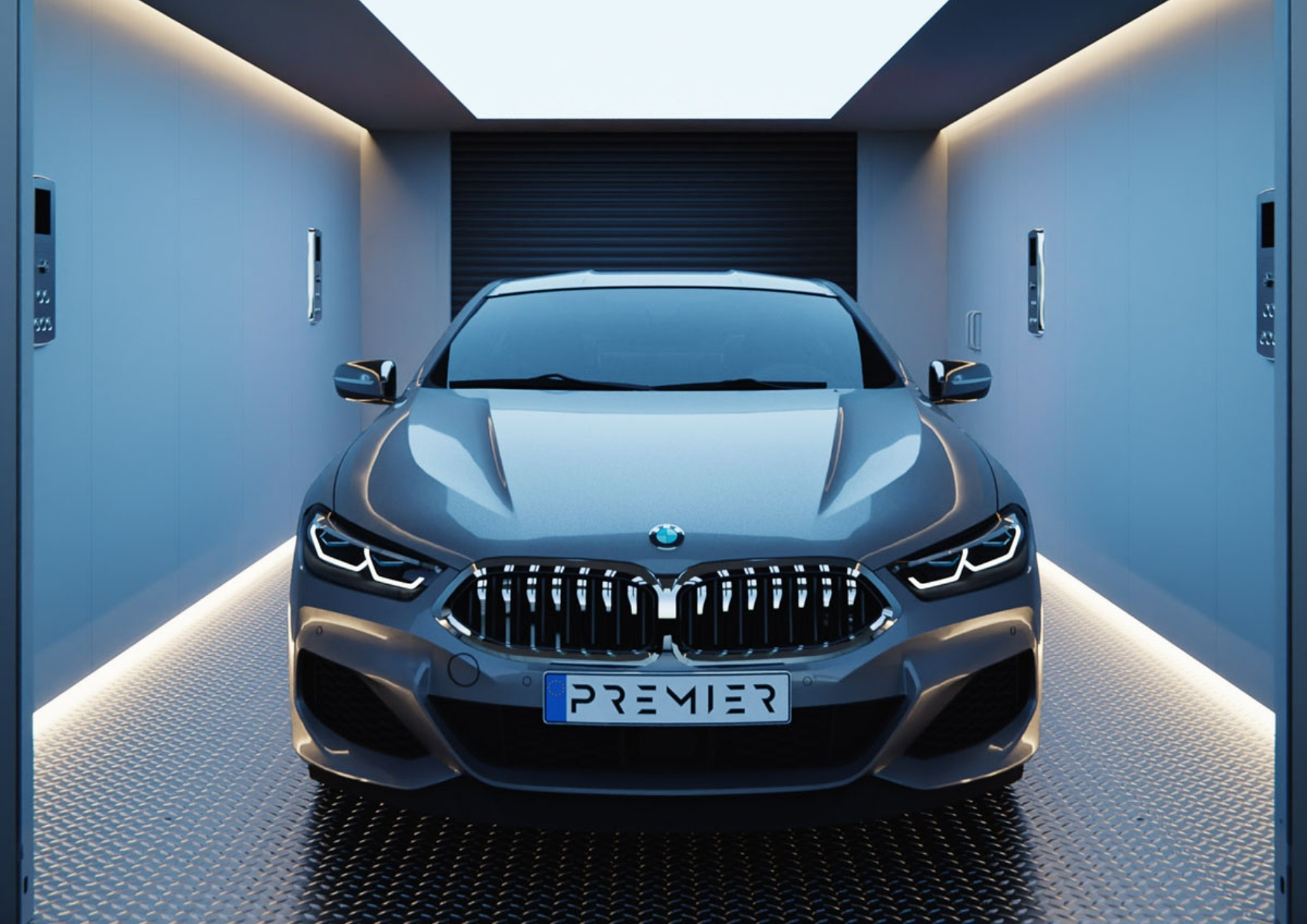 Luxury vehicle lift interior with a metallic floor and LED strip lighting, holding a grey BMW car with a number plate displaying the word ‘Premier.’