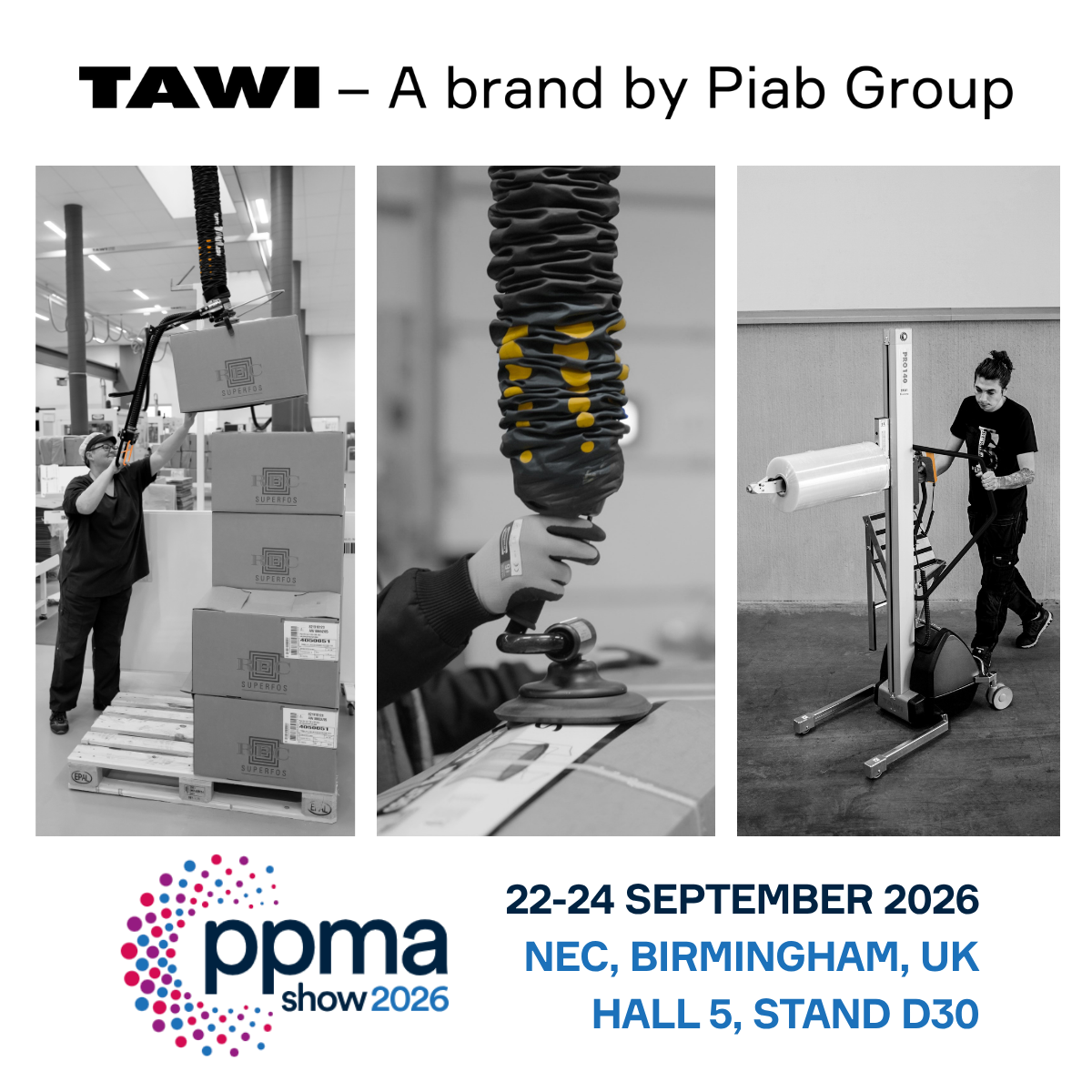 TAWI UK, a part of Piab Group, exhibiting vacuum lifting solutions at PPMA Show 2026 at the NEC Birmingham