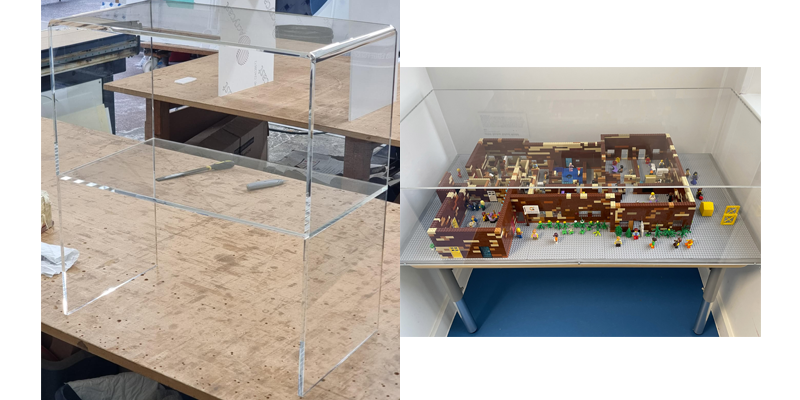 Bespoke display case from 6mm Clear Cast Acrylic for a LEGO model / Bespoke bent side table with added shelf for shoes