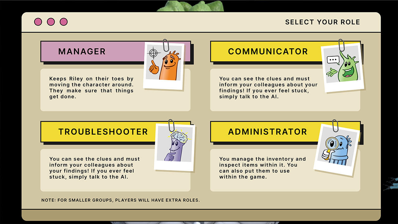 Gamified learning experience showing selectable team roles including Manager, Communicator, Troubleshooter and Administrator for collaborative interactive training.