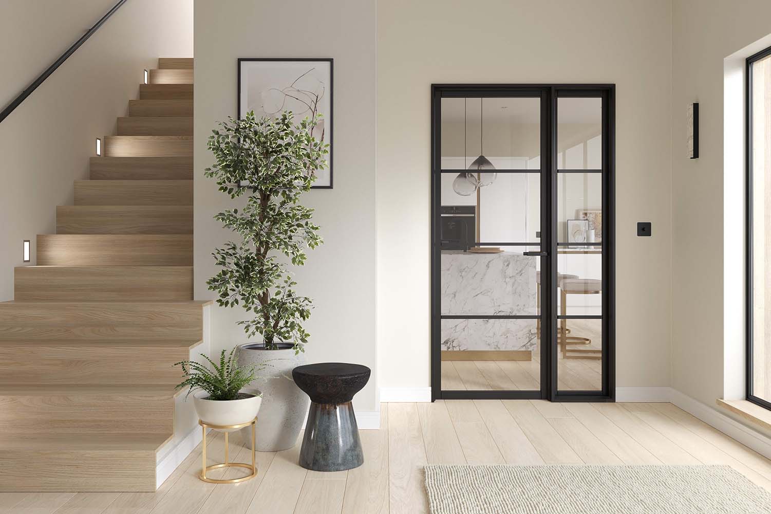 Black steel-style internal glazed doors creating a modern room divider between hallway and kitchen
