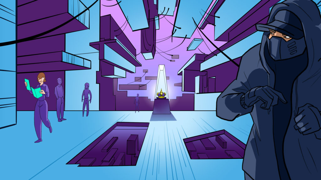 Animated cybersecurity illustration showing a masked hacker approaching protected data, representing privileged access security, cyber threats and data protection.